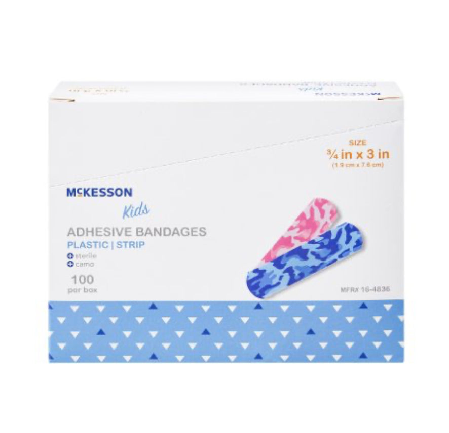 2400 - Adhesive Strip McKesson Kids™ 3/4 X 3 Inch Plastic Rectangle Kid Design (Blue / Pink Camo) Sterile Case of 2400